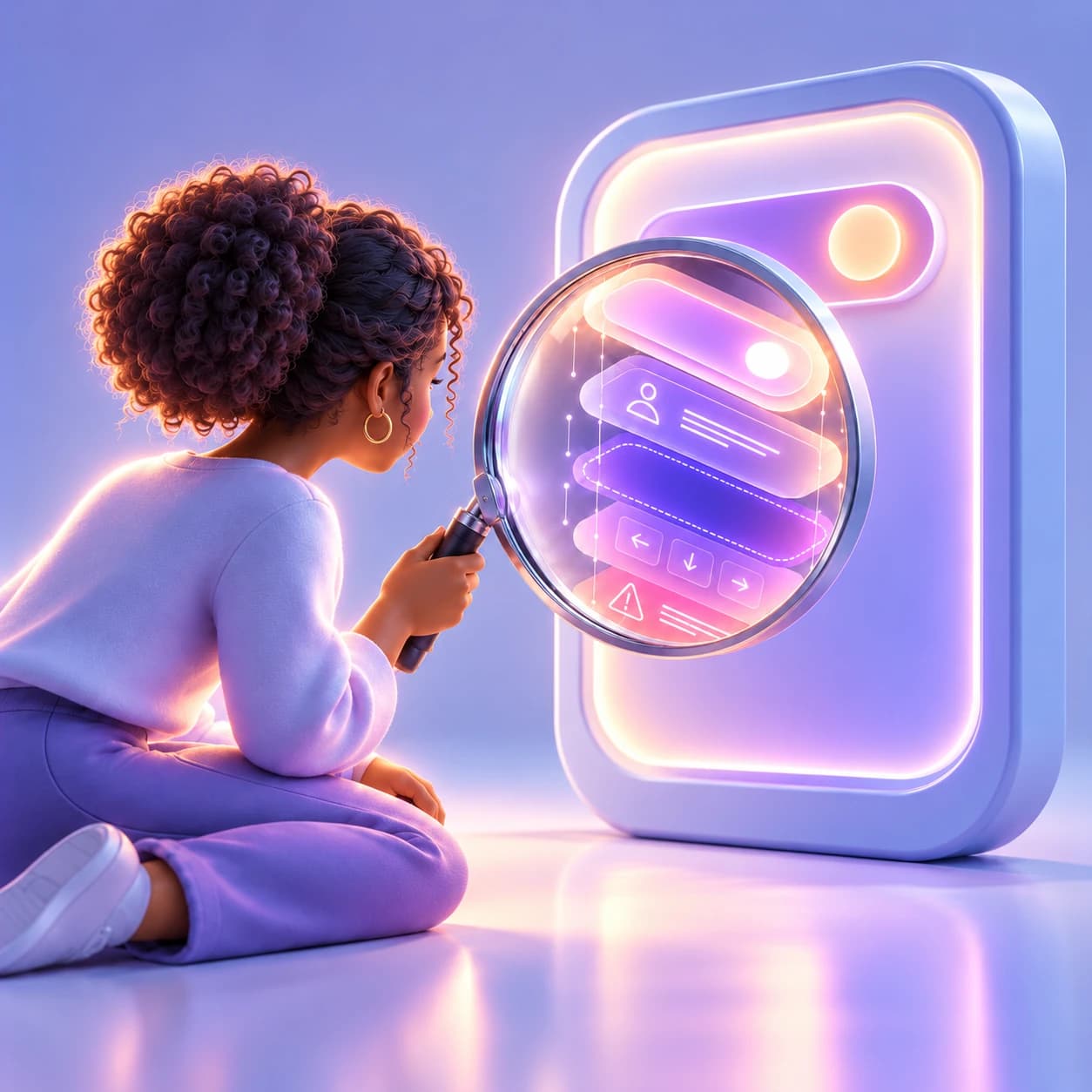 A woman examines the internal layers of a digital interface component through a magnifying glass, revealing interaction, structure, and accessibility issues