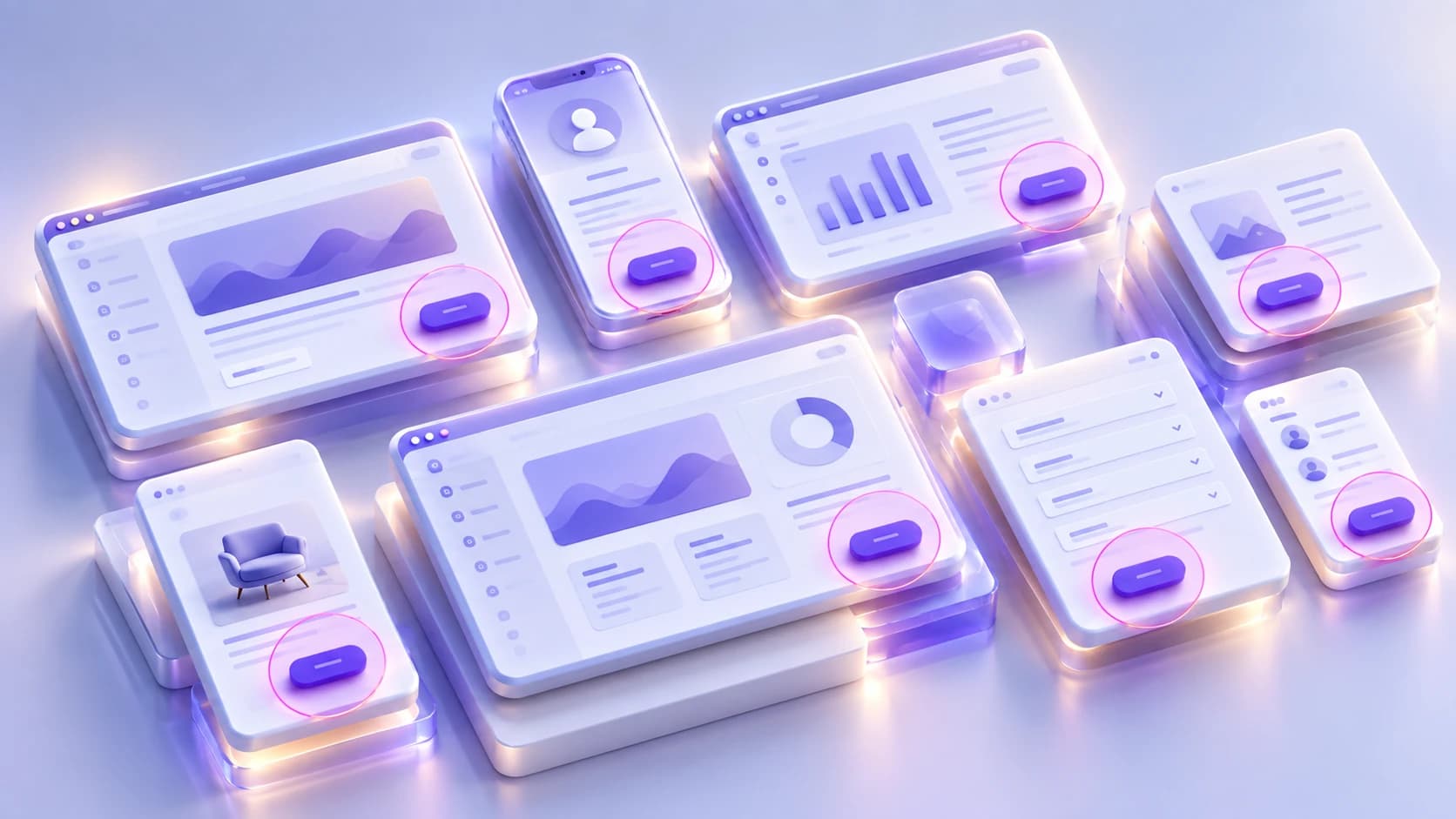 Several web and mobile interfaces repeating the same purple button with low-contrast light-violet content, each instance highlighted by a pink circle