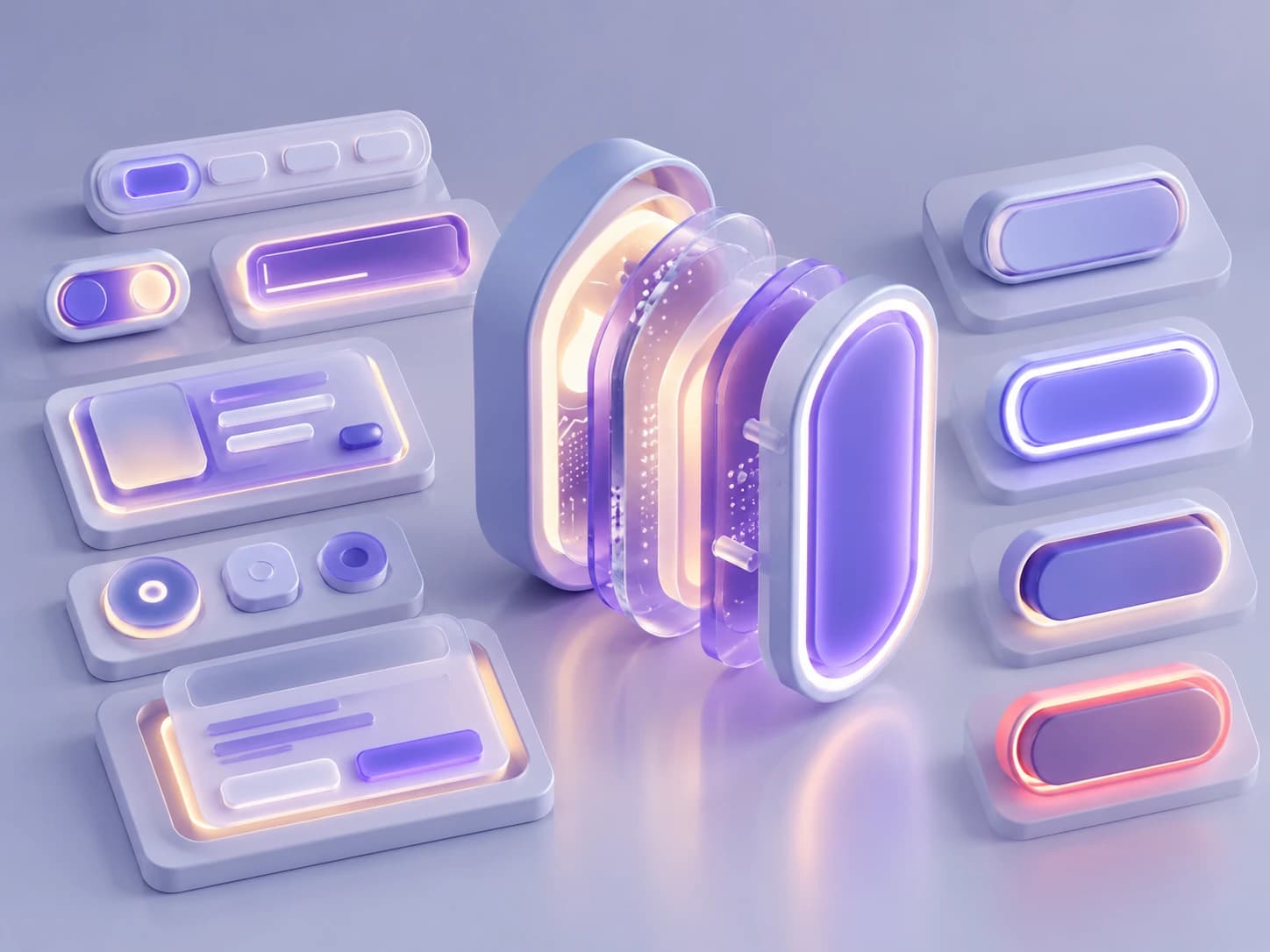 An exploded interface component revealing its internal layers, surrounded by reusable controls and different button states in a component library