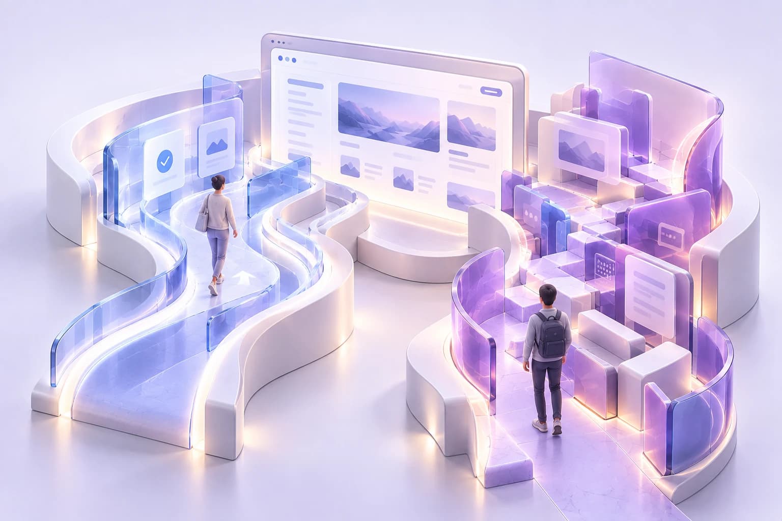 Two users approaching the same website through different routes, with one path clear and the other obstructed by interface barriers