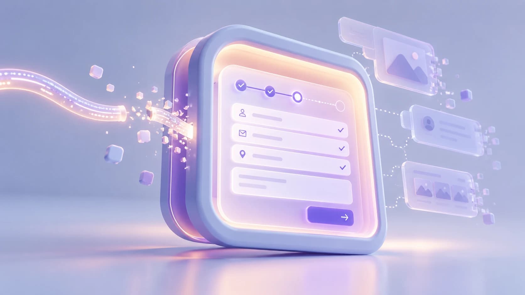A form remains intact inside a protected interface while an incoming data stream breaks apart and secondary content panels fragment around it