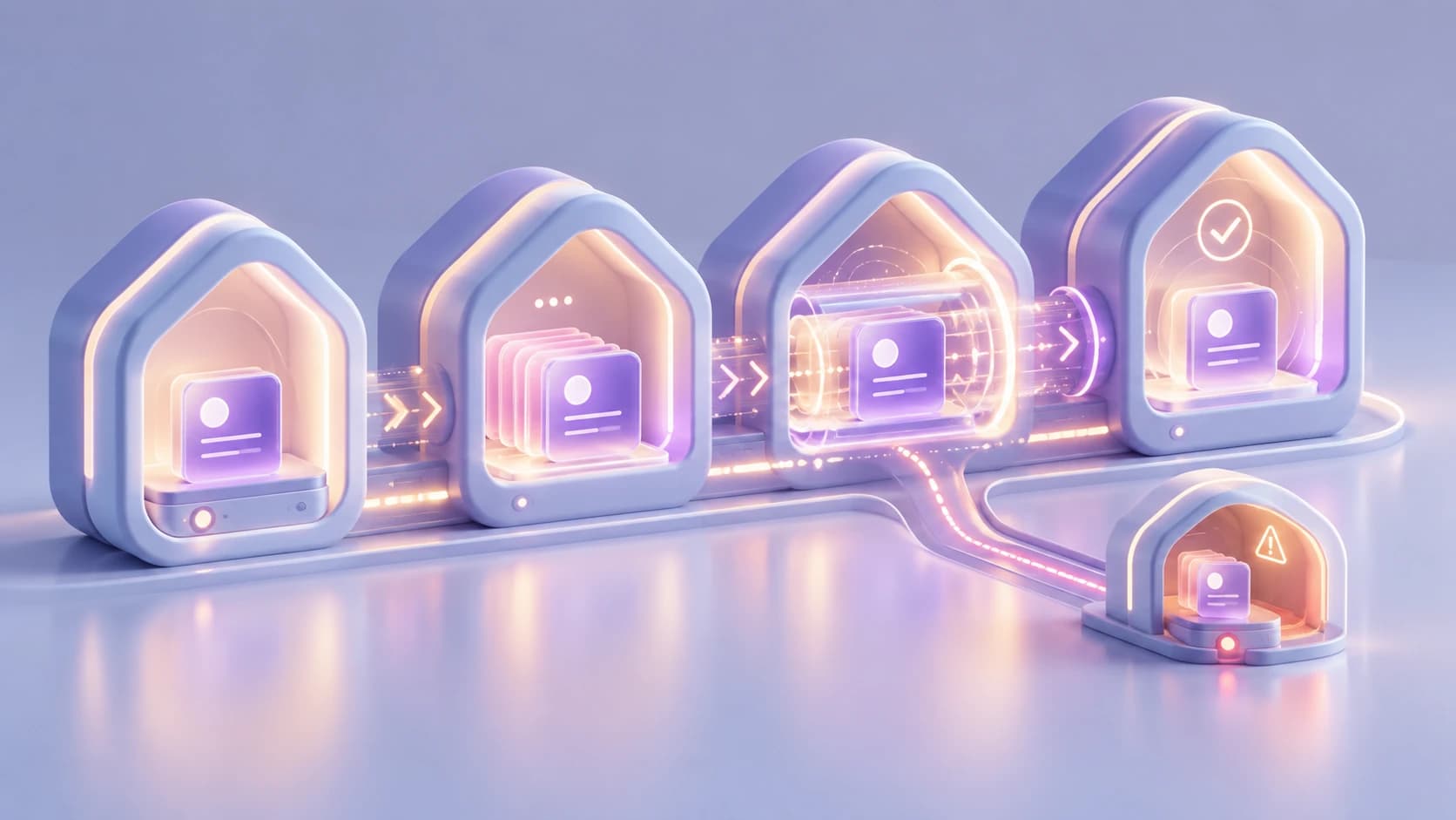 The same profile record moves through a connected sequence of storage and synchronization stages toward a confirmed state, with a separate branch leading to a warning state