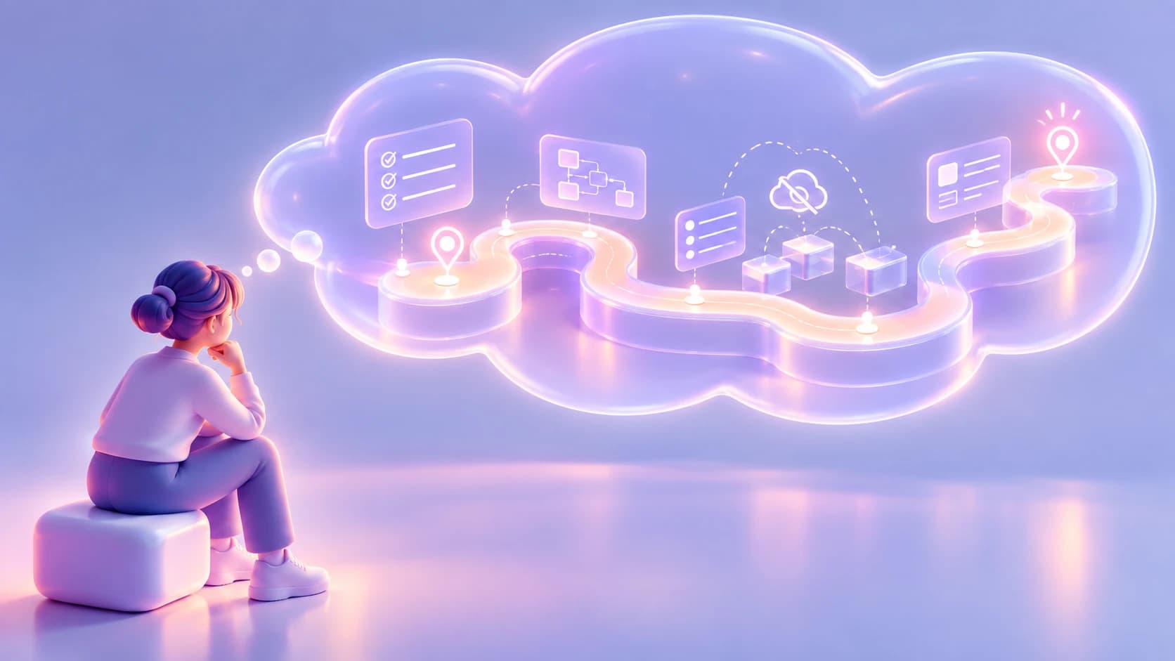 A seated person imagines a winding digital journey through a thought bubble, with interface steps, a broken cloud connection, gaps in the route, and a final destination