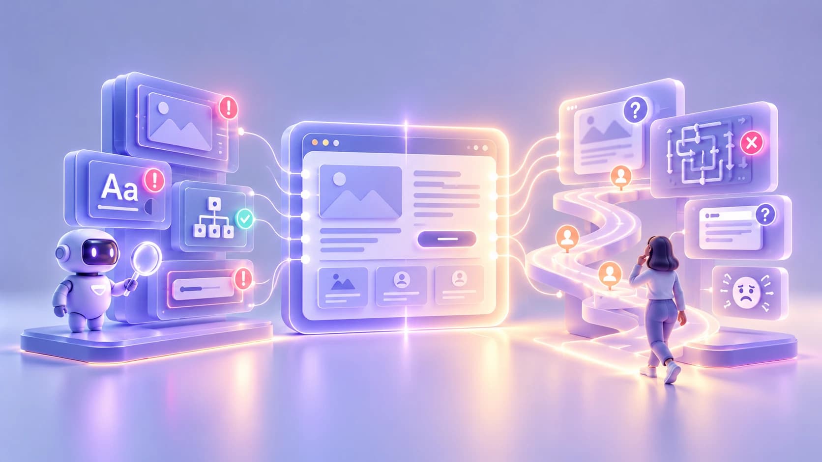 A robot scanner examines technical accessibility signals on one side of a website while a person follows a winding interaction path on the other