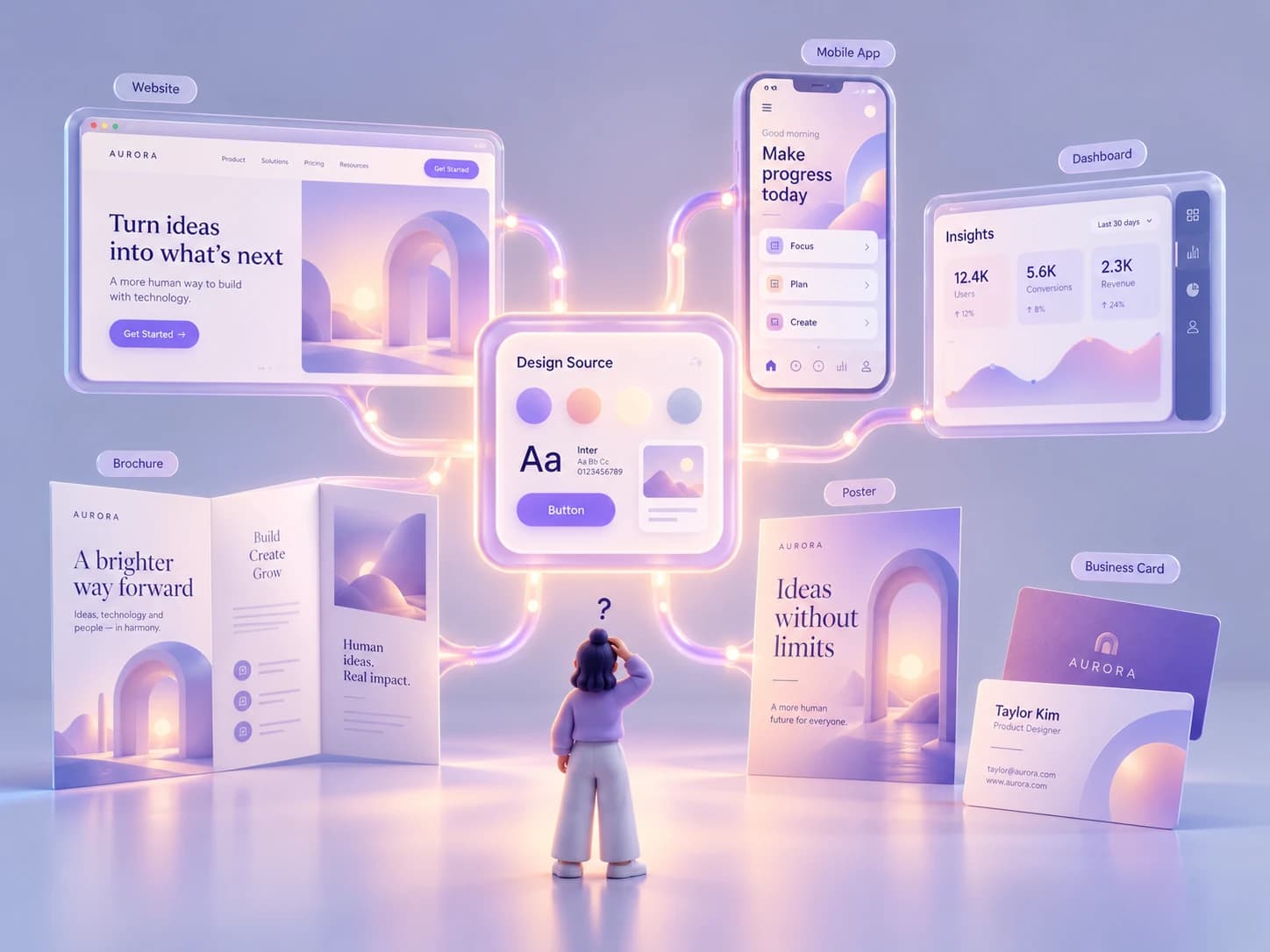 A central design source of color, typography, buttons, and visual assets connected to a website, mobile app, dashboard, brochure, poster, and business card
