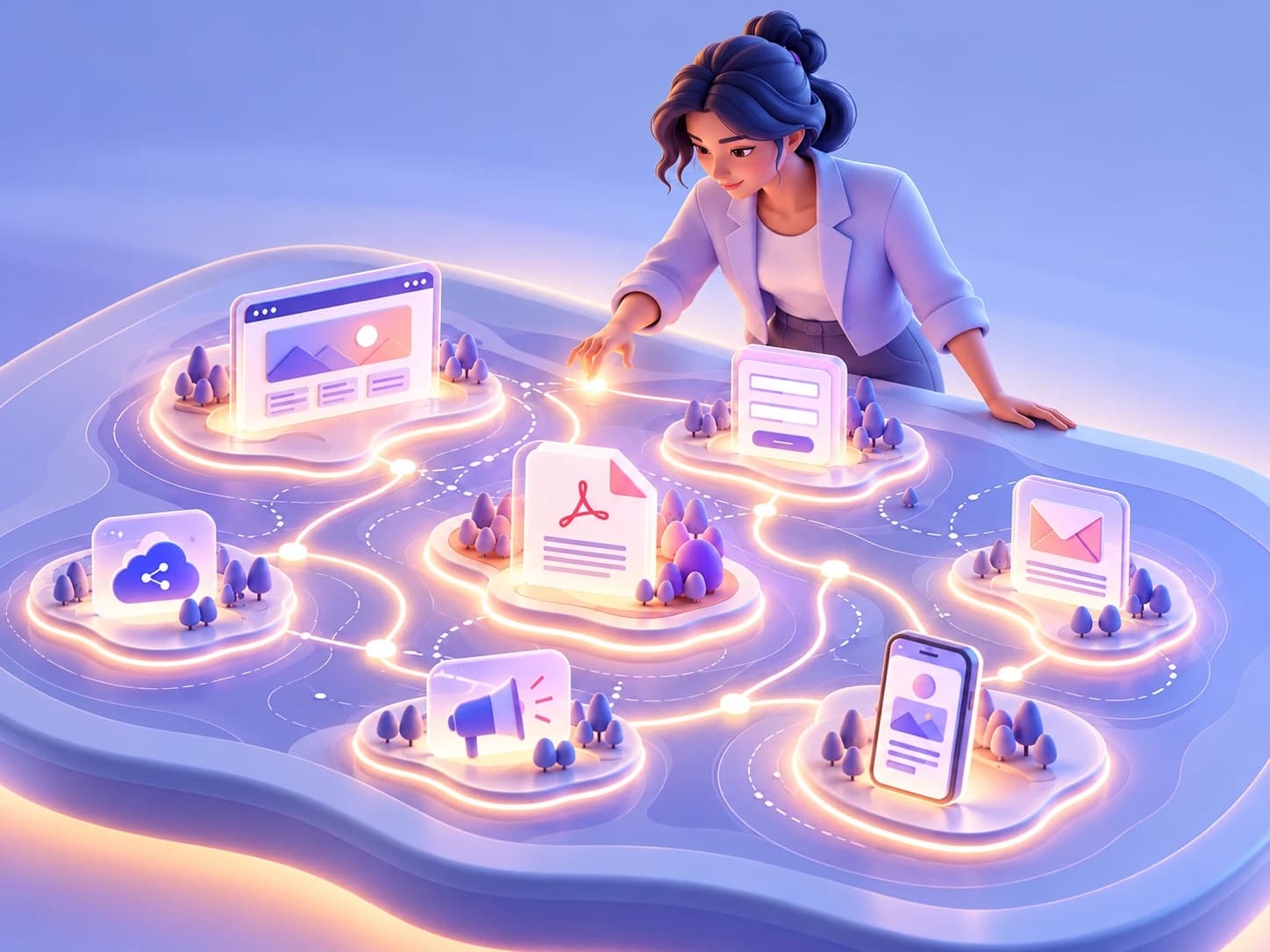 A woman maps an NGO’s connected digital ecosystem across a website, form, PDF, email, campaign asset, mobile interface, and external platform