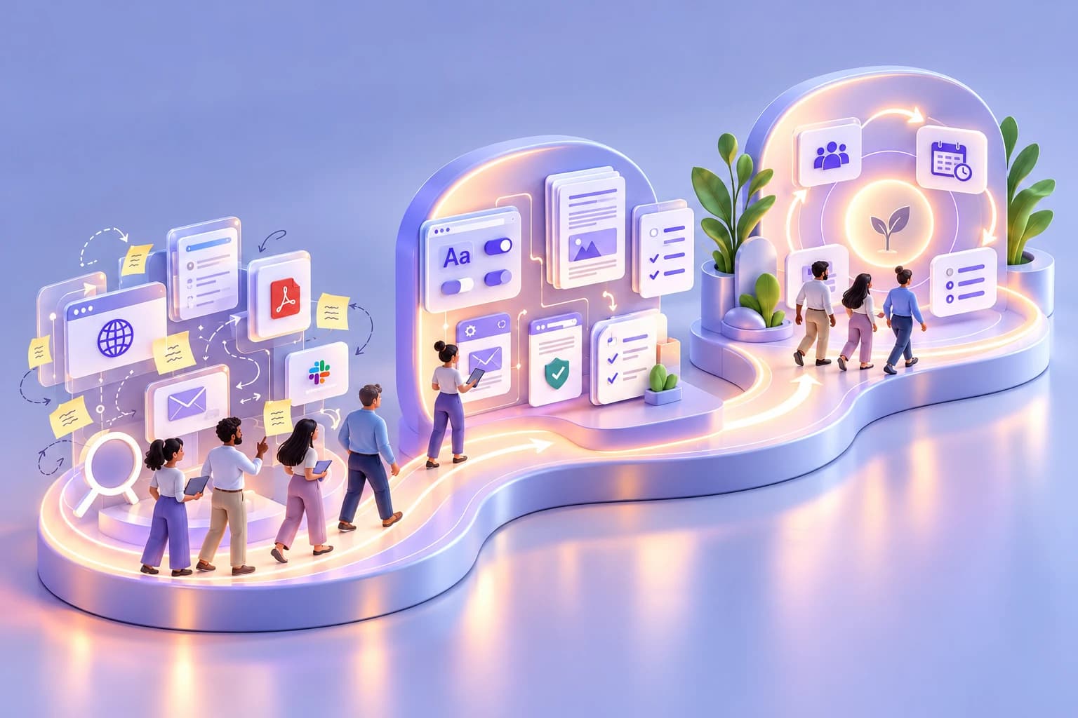 An NGO team moves through a three-stage accessibility journey from mapping digital services, to correcting high-impact issues, to establishing ownership, follow-up, and a sustainable roadmap