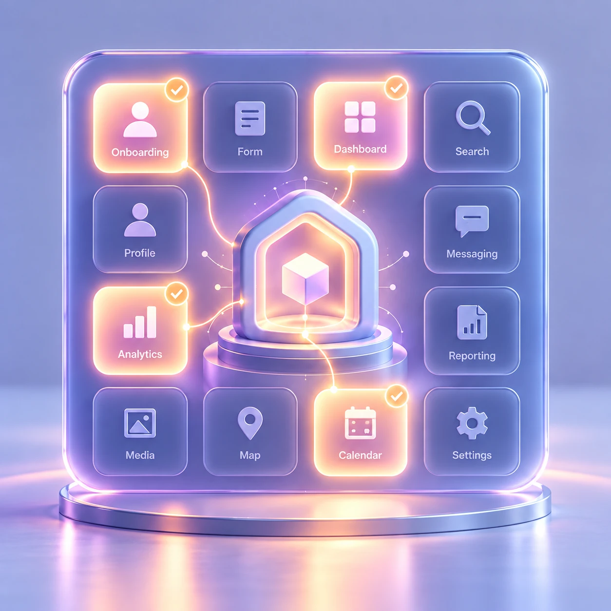 A grid of possible product modules shows Onboarding, Dashboard, Analytics, and Calendar illuminated as selected while the remaining modules stay inactive