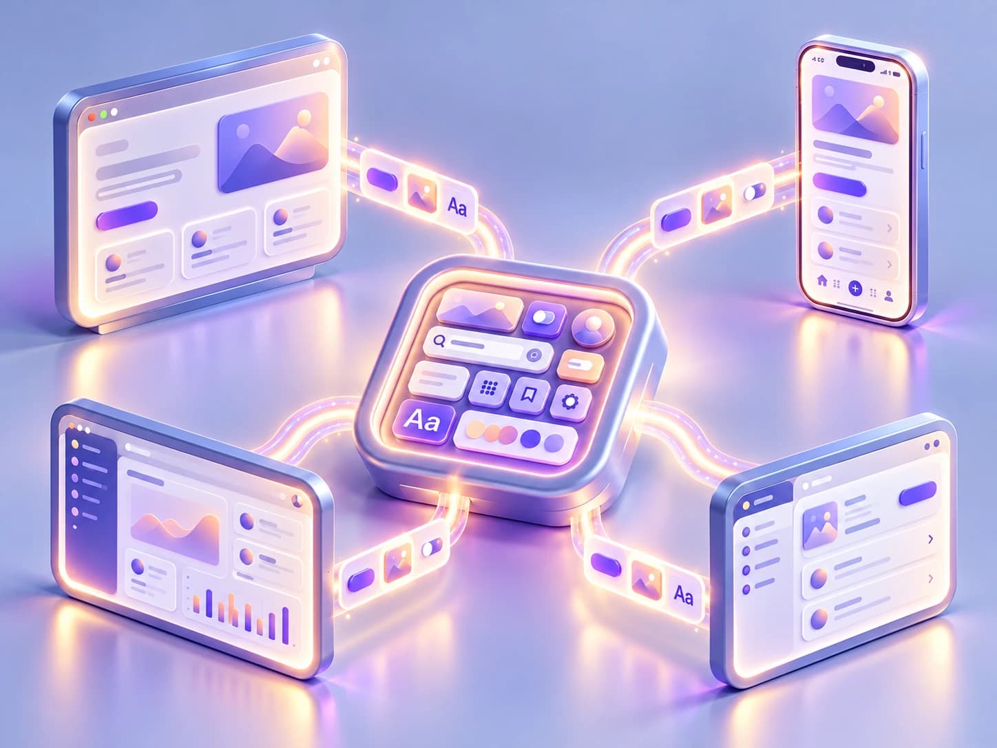 A central library of interface components and design tokens connects to several web, mobile, and dashboard interfaces that reuse the same elements