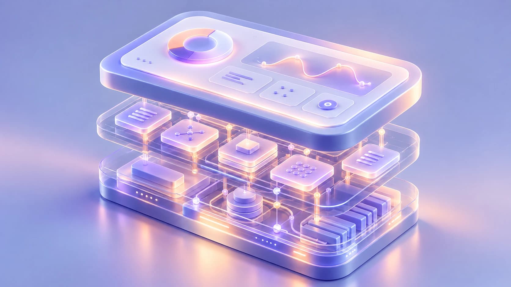 A finished dashboard interface sits above transparent layers of connected components, data structures, technical modules, and supporting systems