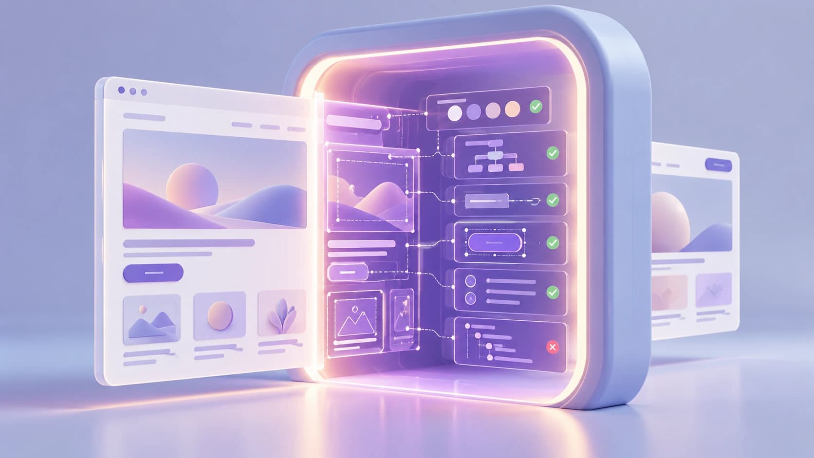 A website interface passing through a focused automated scanner that inspects selected technical layers while other parts of the experience remain outside the scan