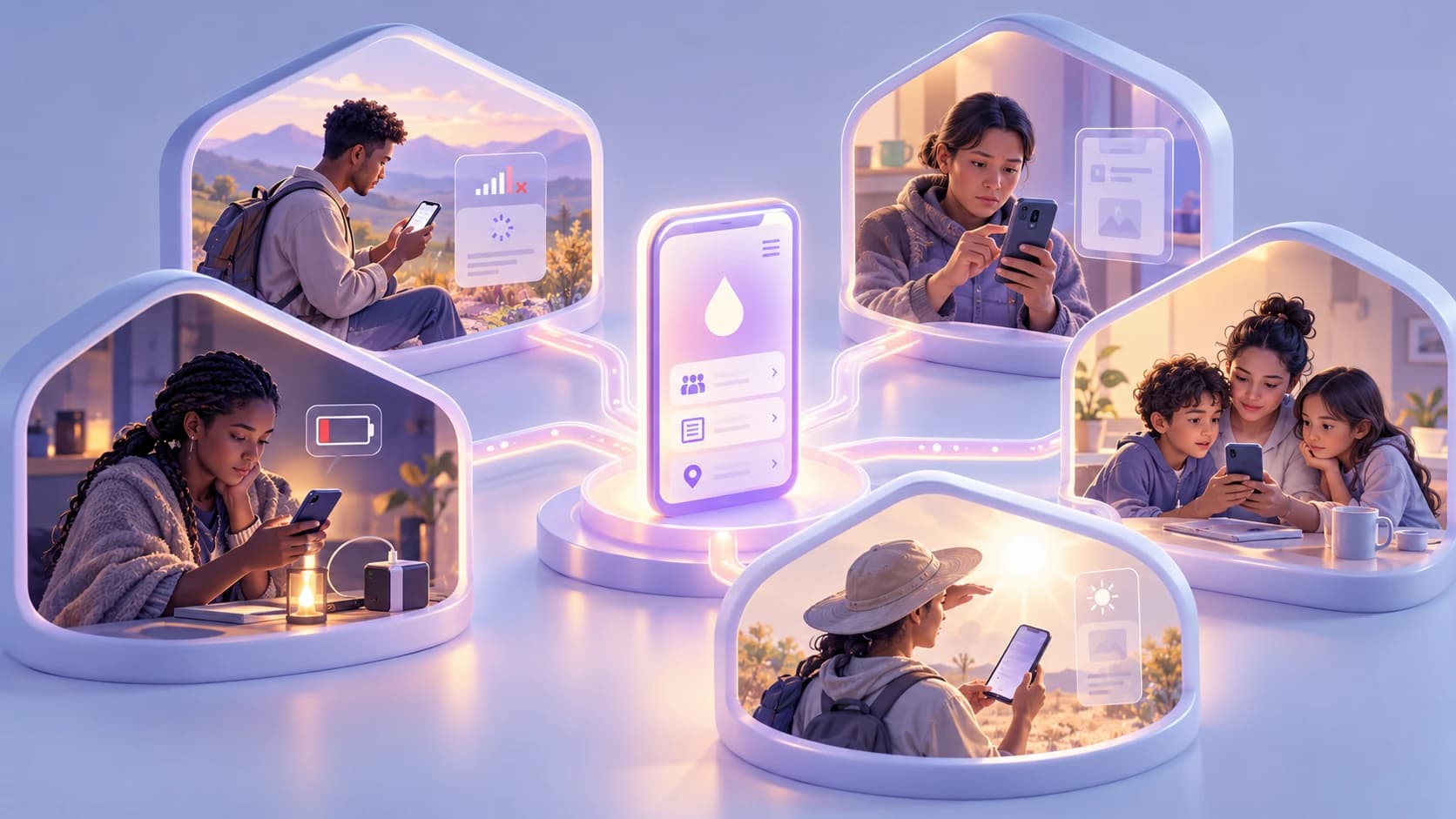 Five people use the same mobile service in different conditions, including weak connectivity, limited battery, shared device access, older hardware, and bright outdoor light