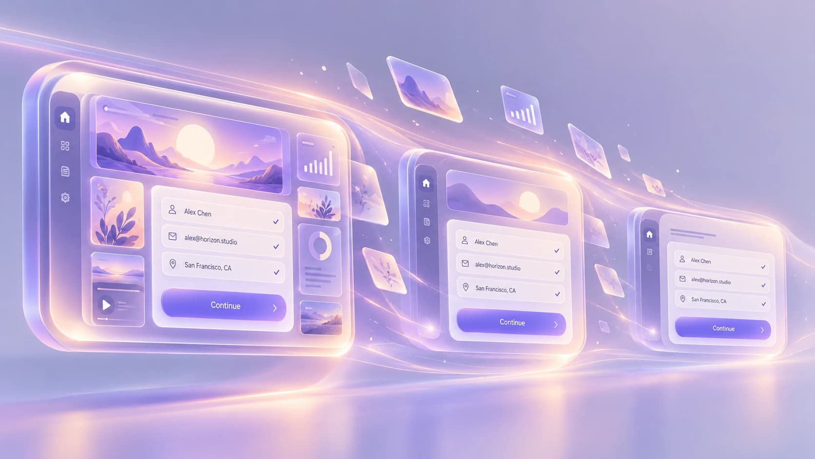 Three versions of the same interface progressively shed decorative imagery and secondary panels while form fields, navigation, and the primary action remain available