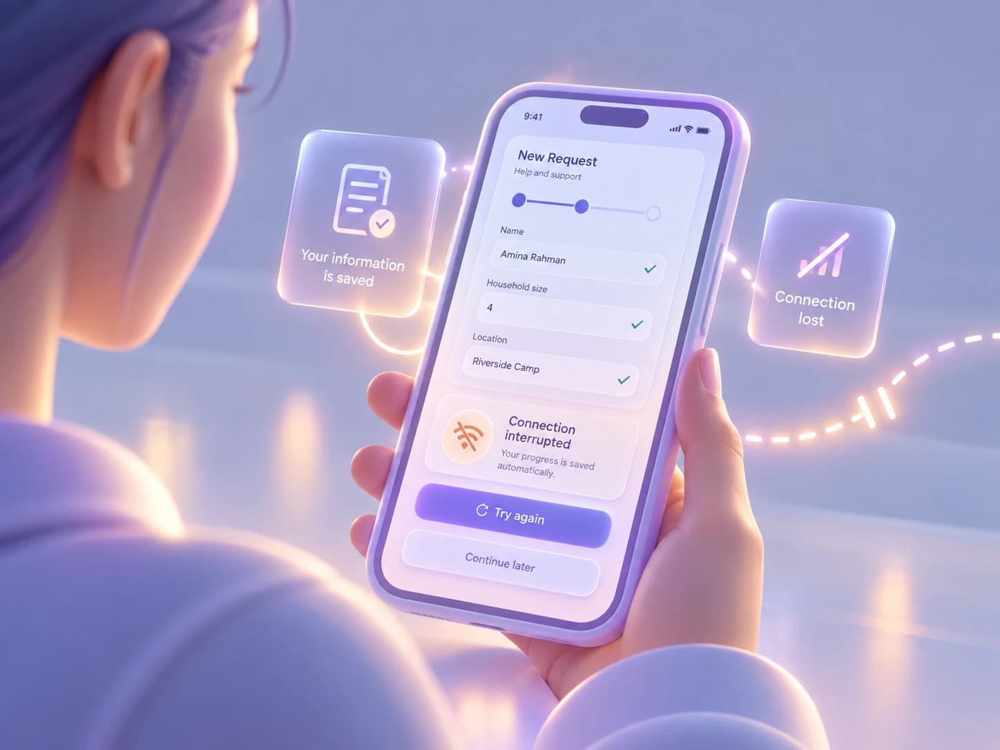 A person views a completed mobile form after the connection is interrupted, with the entered information preserved and options to retry or continue later
