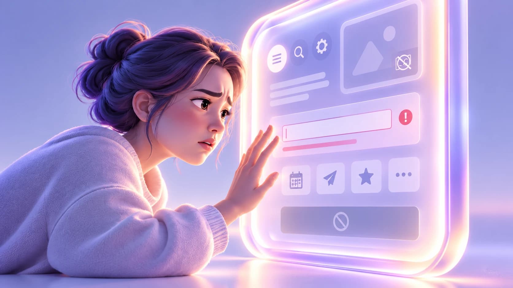 A woman struggles with a digital form that shows an error state and prevents her from completing the task