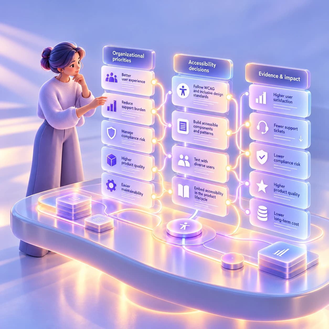 A strategist maps organizational priorities to accessibility decisions and measurable outcomes across three connected columns