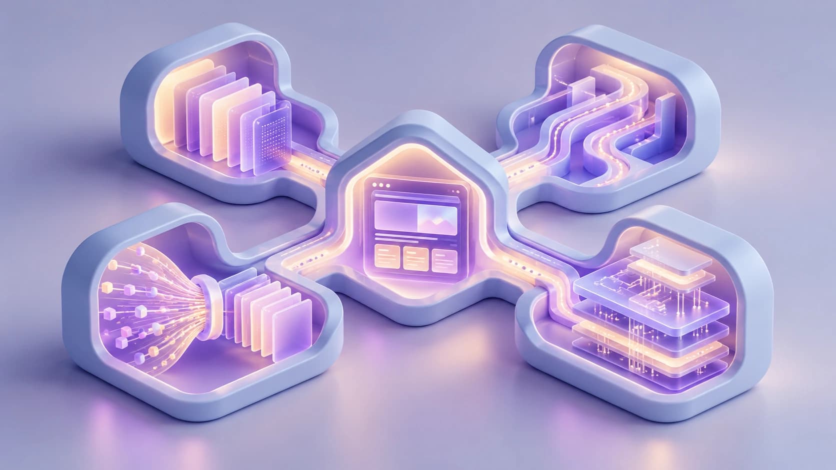 A central website interface connected to four distinct structural systems using different paths, layers, and data patterns
