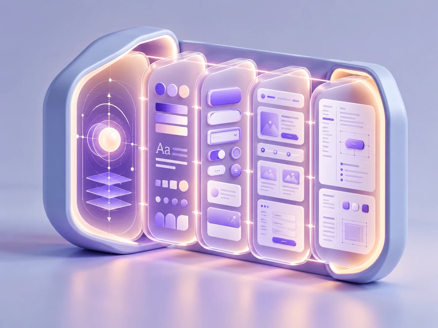 An open design system organized into connected layers of foundations, color and typography tokens, reusable components, interface patterns, and documentation