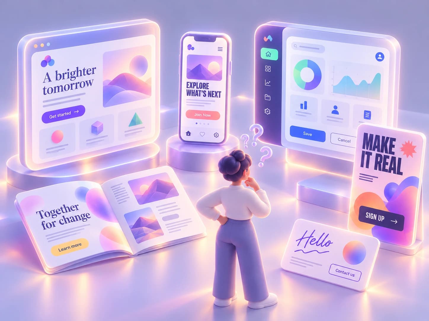 A person compares digital interfaces and printed materials that use inconsistent colors, typography, button styles, and visual treatments