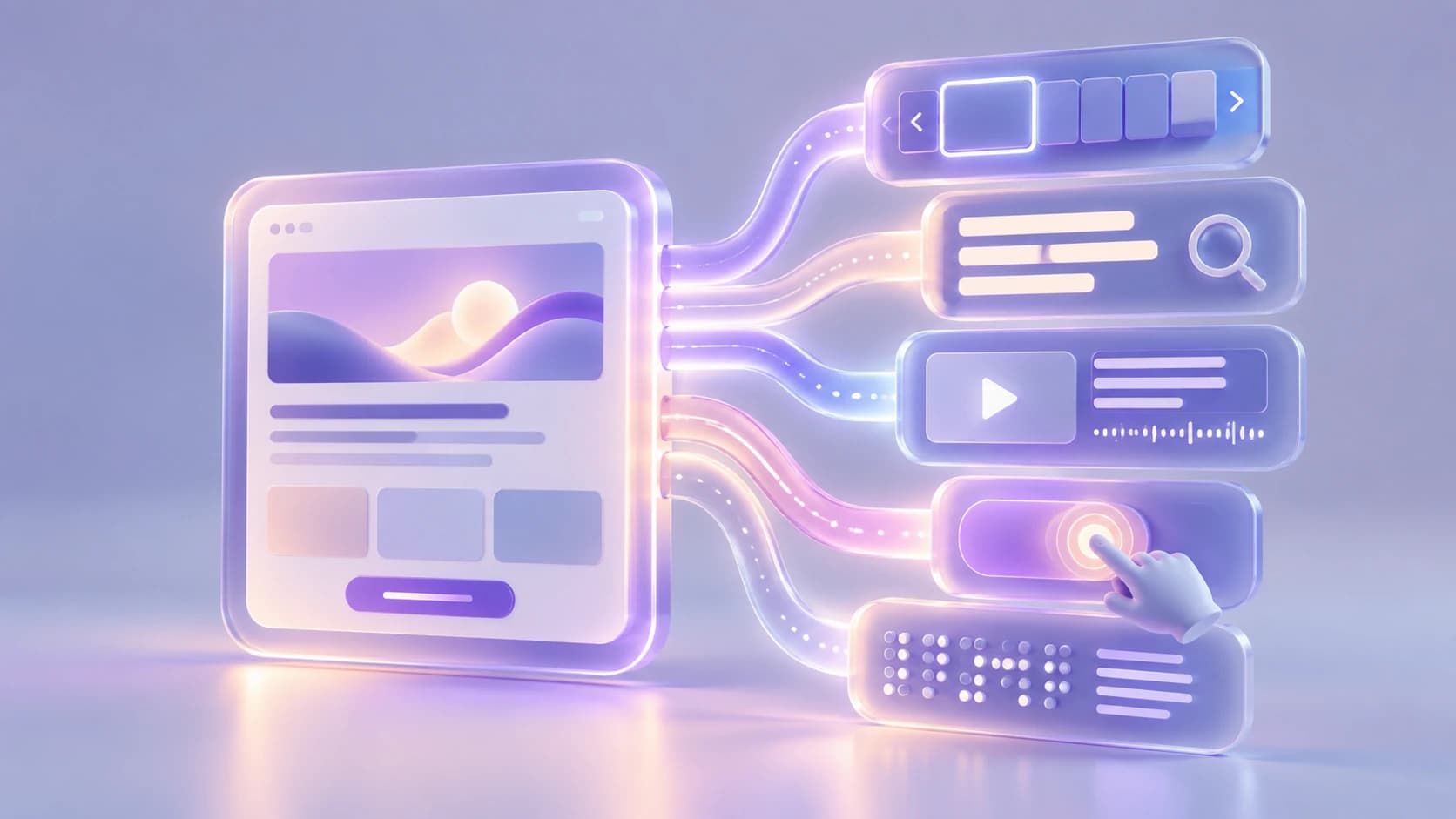 A website interface branching into controls for keyboard navigation, search, media playback, touch interaction, and braille