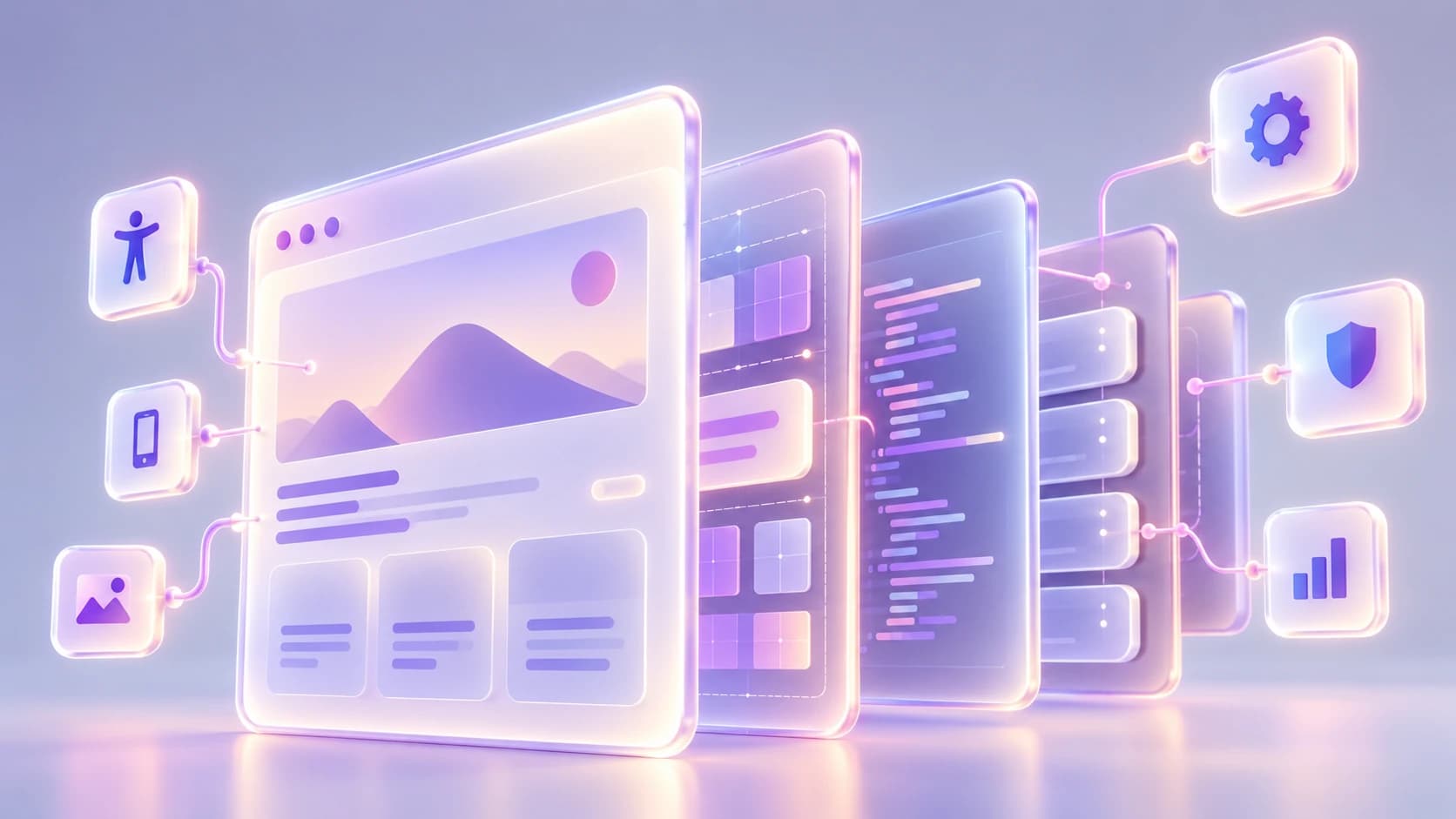 A layered website interface surrounded by connected panels representing accessibility, code, performance, and other systems behind the visible page