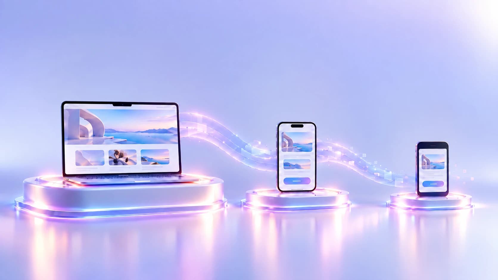 The same website displayed on a laptop and two phones, connected by a continuous visual flow across the devices